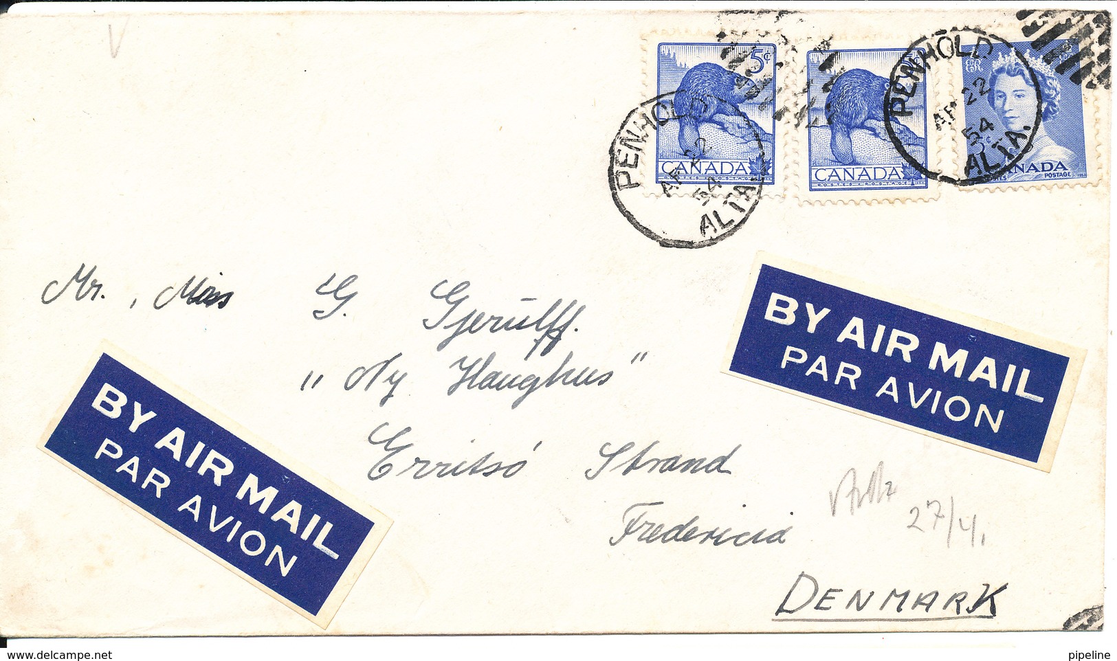 Canada Cover Sent To Denmark Penhold 22-4-1954 - Covers & Documents