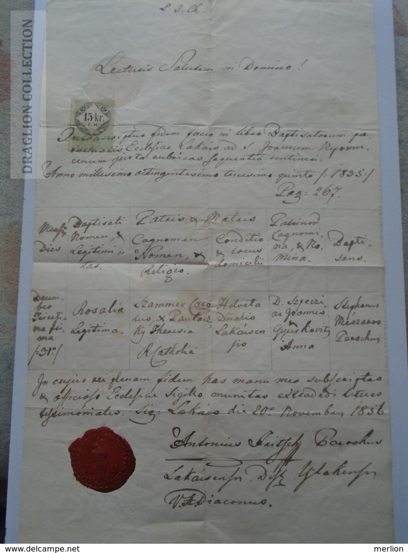 ZA183.1  Old Document -  Lukáčovce Lakács -Slovakia - 1856 - Szammer Carolus - Paulaczky Theresia - Rosalia - Naissance & Baptême