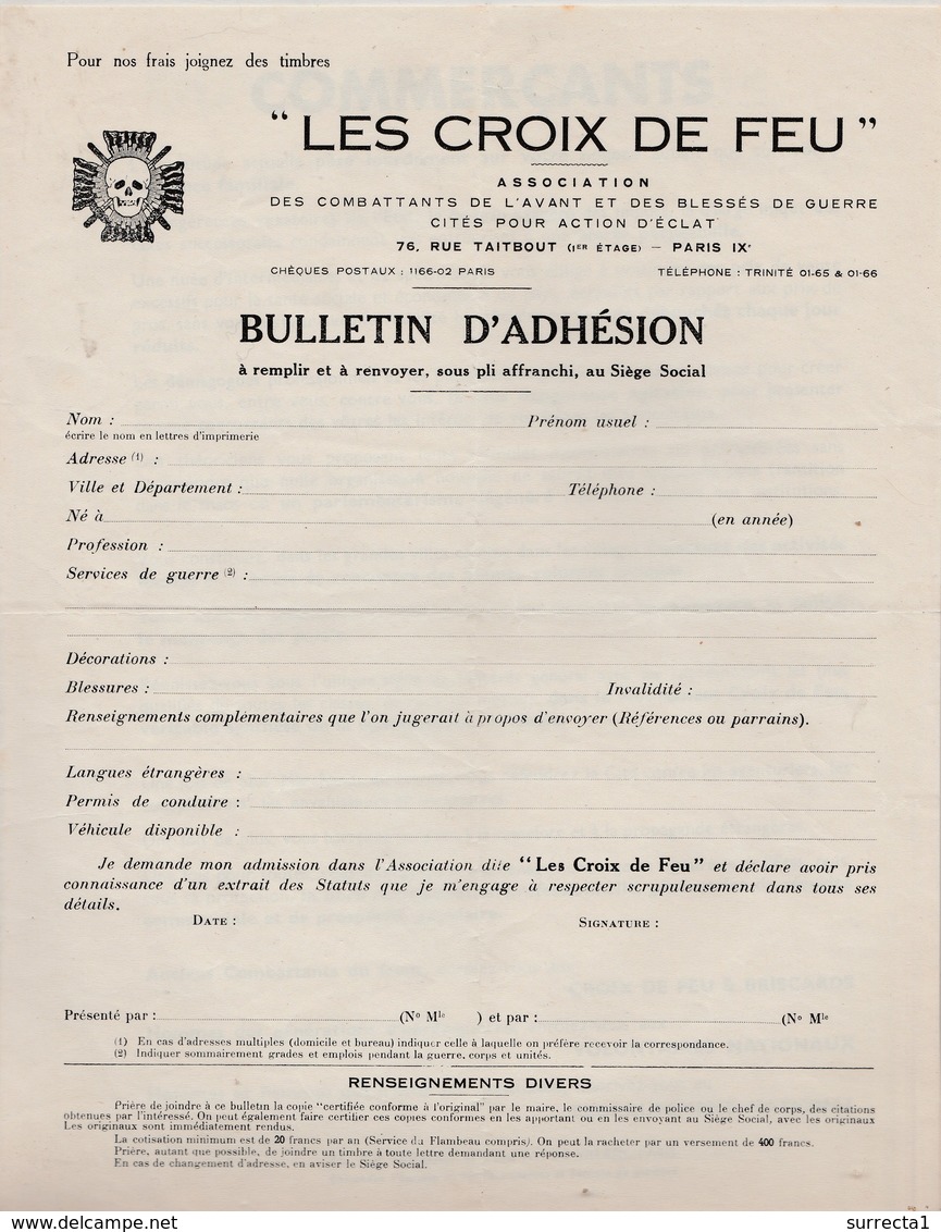 Croix De Feu Et Briscards / Bulletin Adhésion + 5 Tracts ( Commerçants,ouvriers,femmes,cultivateurs,fonctionnaires) - 1939-45