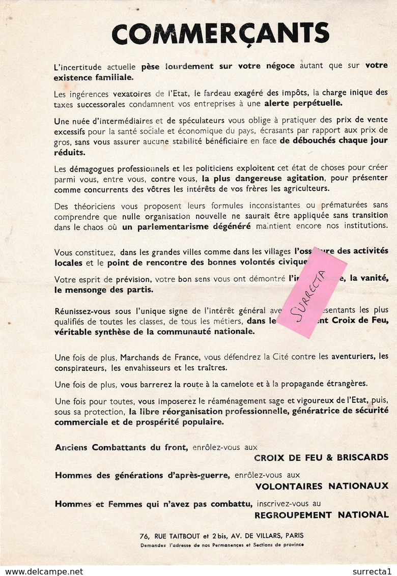 Croix De Feu Et Briscards / Bulletin Adhésion + 5 Tracts ( Commerçants,ouvriers,femmes,cultivateurs,fonctionnaires) - 1939-45