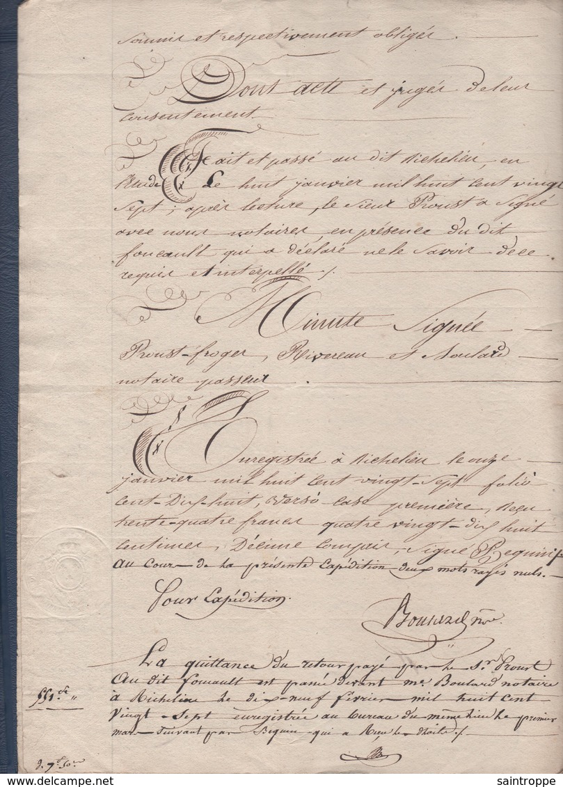 Manuscrit De 1827.Calligraphie Artistique.Proust à Richelieu, échange Des Terres à Marçay, Avec Foucault à Sammarçolles - Manuscripts