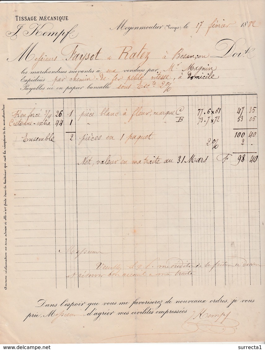 Facture 1882 / KEMPF / Tissage / 88 Moyenmoutier Vosges - 1900 – 1949