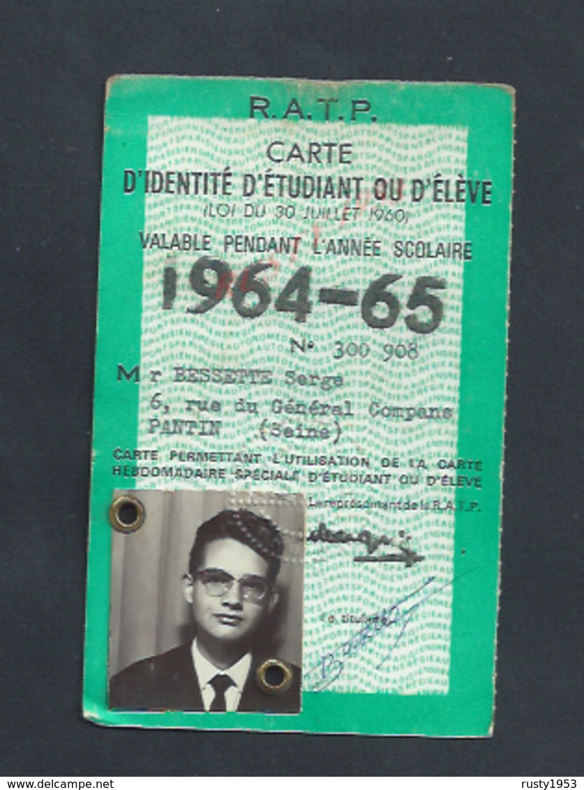 R A T P CARTE ETUDIANT 1964/65 - Autres & Non Classés