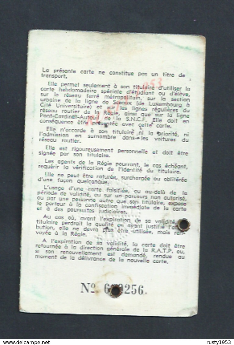 R A T P CARTE ETUDIANT 1964/65 - Autres & Non Classés