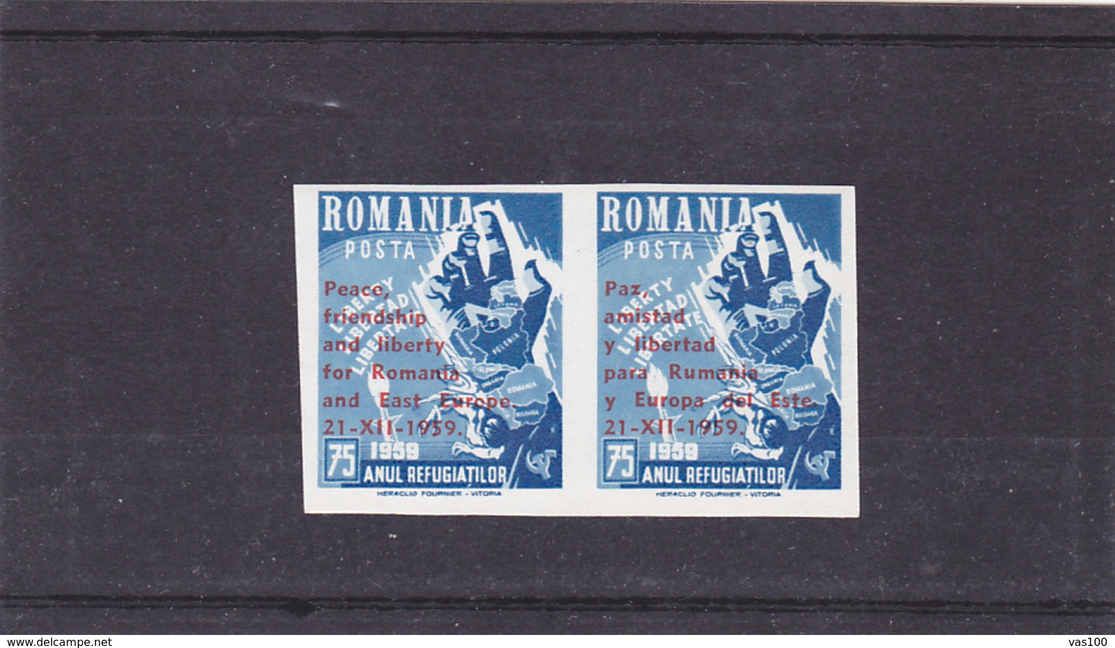 SPAIN - EXILE ,PEACE FRIENDSHIP LIBERTY FOR ROMANIA,IMPERFORATED OVERPRINT IN PAIR.1959,MNH,ROMANIA. - Emisiones Locales