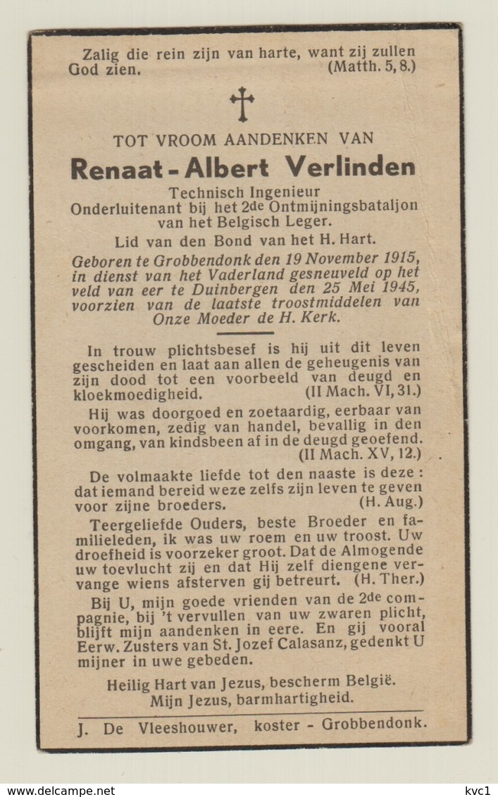 Gesneuvelde 40-45, VERLINDEN, °Grobbendonk +Duinbergen 15/5/1945, 2e Ontmijningsbataljon - Godsdienst & Esoterisme