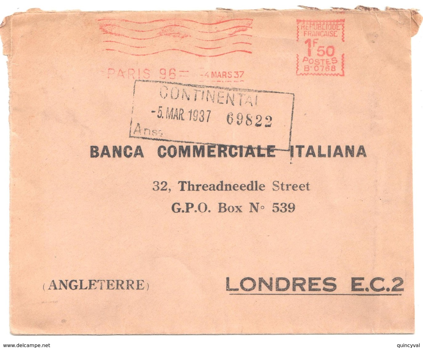 PARIS 96 Lettre Destination Etranger Londres EMA B 0768 Tf 1,50 F Ob 4/3/1937 Banques - Freistempel