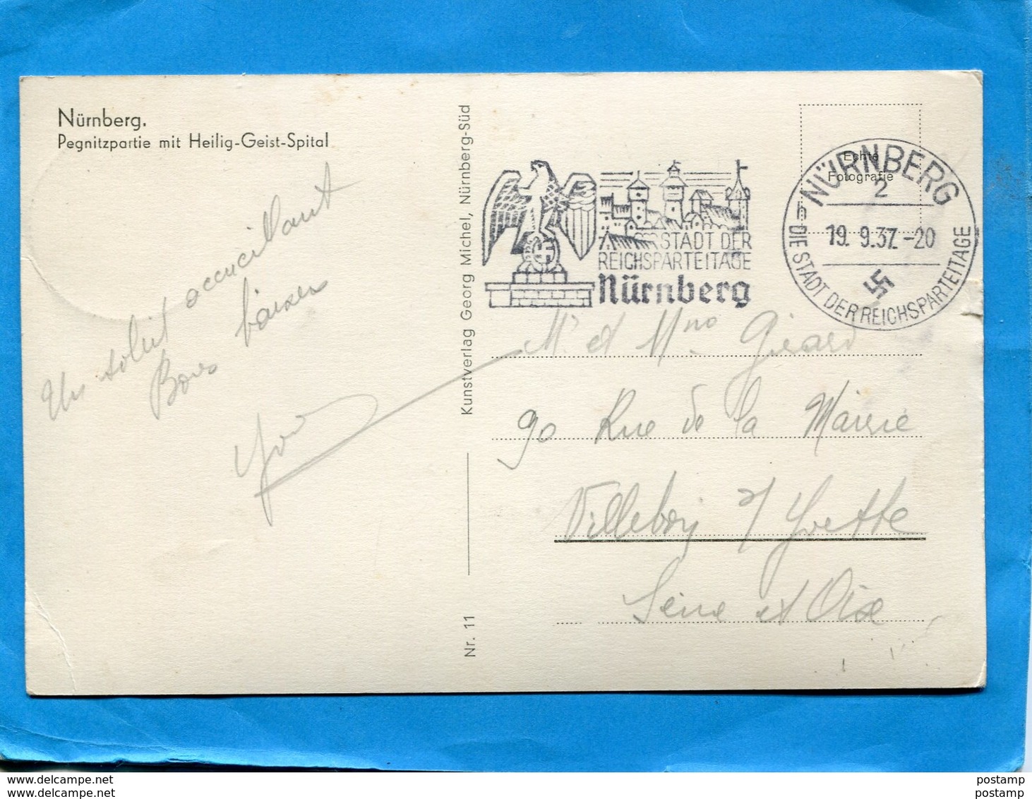 III° REICH-Carte -NURNBERG-Pegnizpartie Mit Heilig Geist Spital-cachet 1937+flamme Nazi "die Stadt Der Reichsparteitage - Lettres & Documents