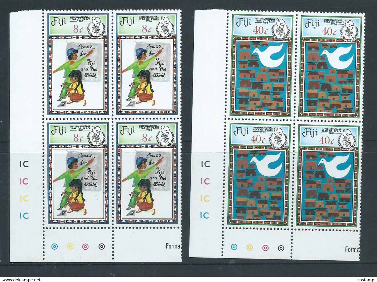 Fiji 1986 International Peace Year Set 2 MNH As Matched Marginal Blocks Of 4 With Plate Numbers MNH - Fiji (1970-...)