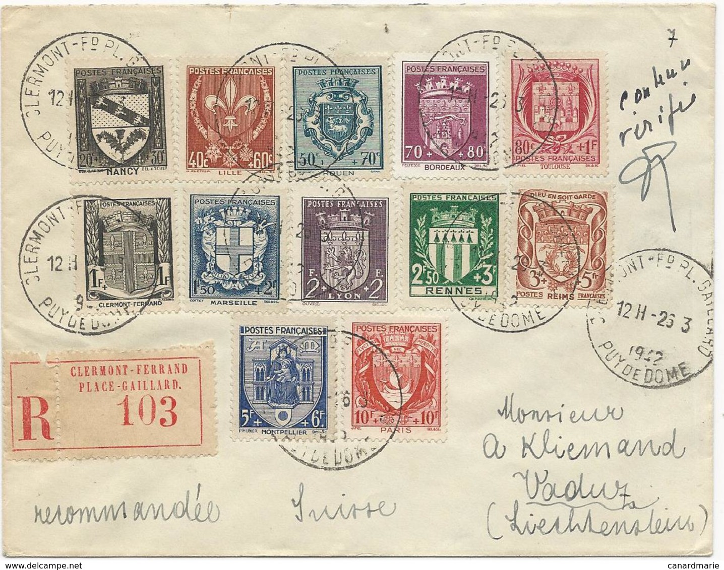 LETTRE RECOMMANDEE 1942 AVEC SERIE COMPLETE DE 12 TIMBRES ARMOIRIES DE VILLES - 1921-1960: Modern Period