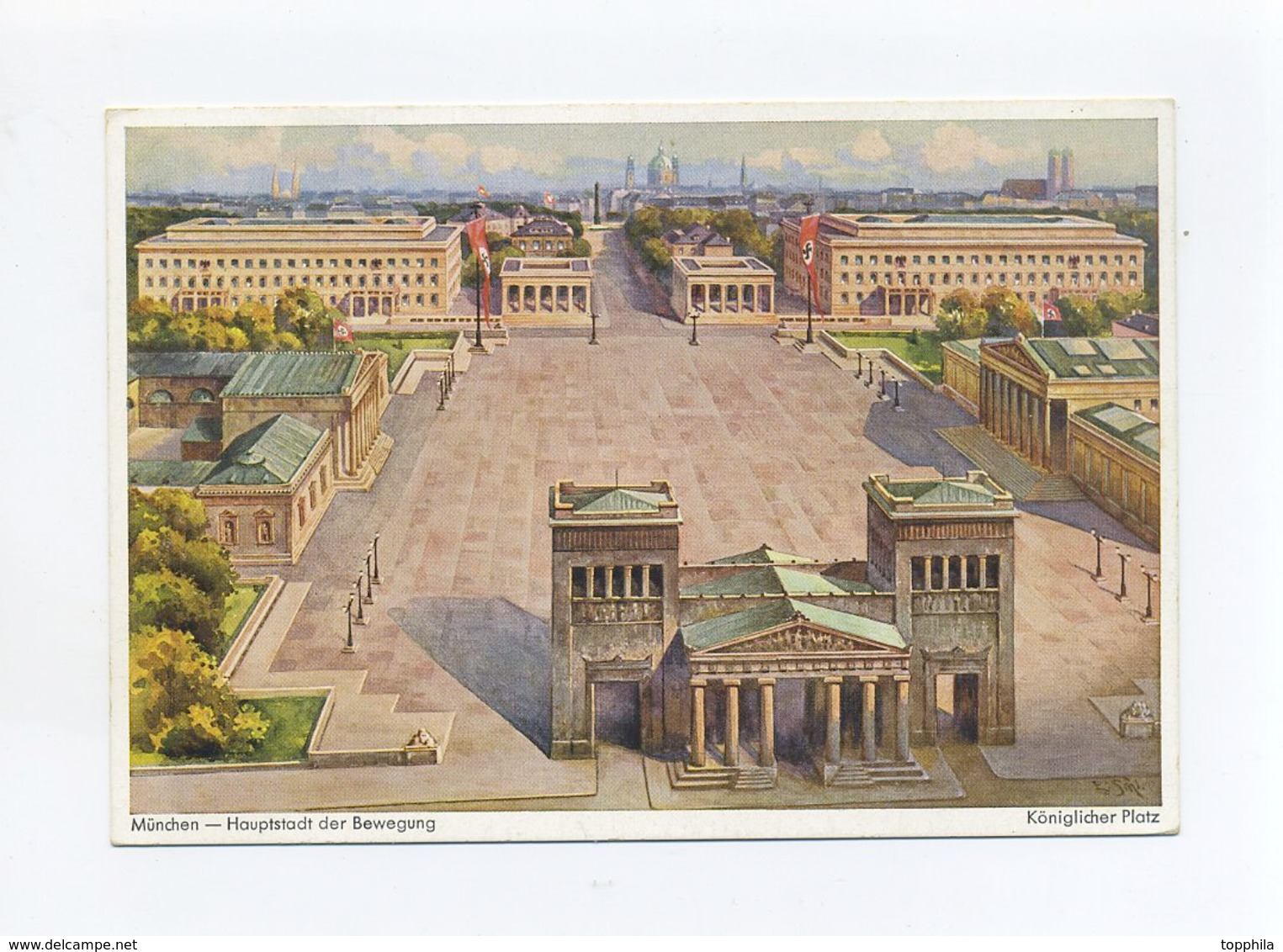 1937 3. Reich Farbkarte Königsplatz München Verlag Lengauer Mit EF Reichsparteitag Nürnberg MI 650 - Covers & Documents