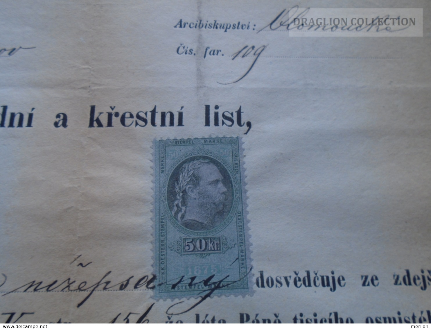 ZA185.7  Old Document Czechia - Olomuc -ROZNOV  Frantisek Halamicek 1875 - Birth & Baptism