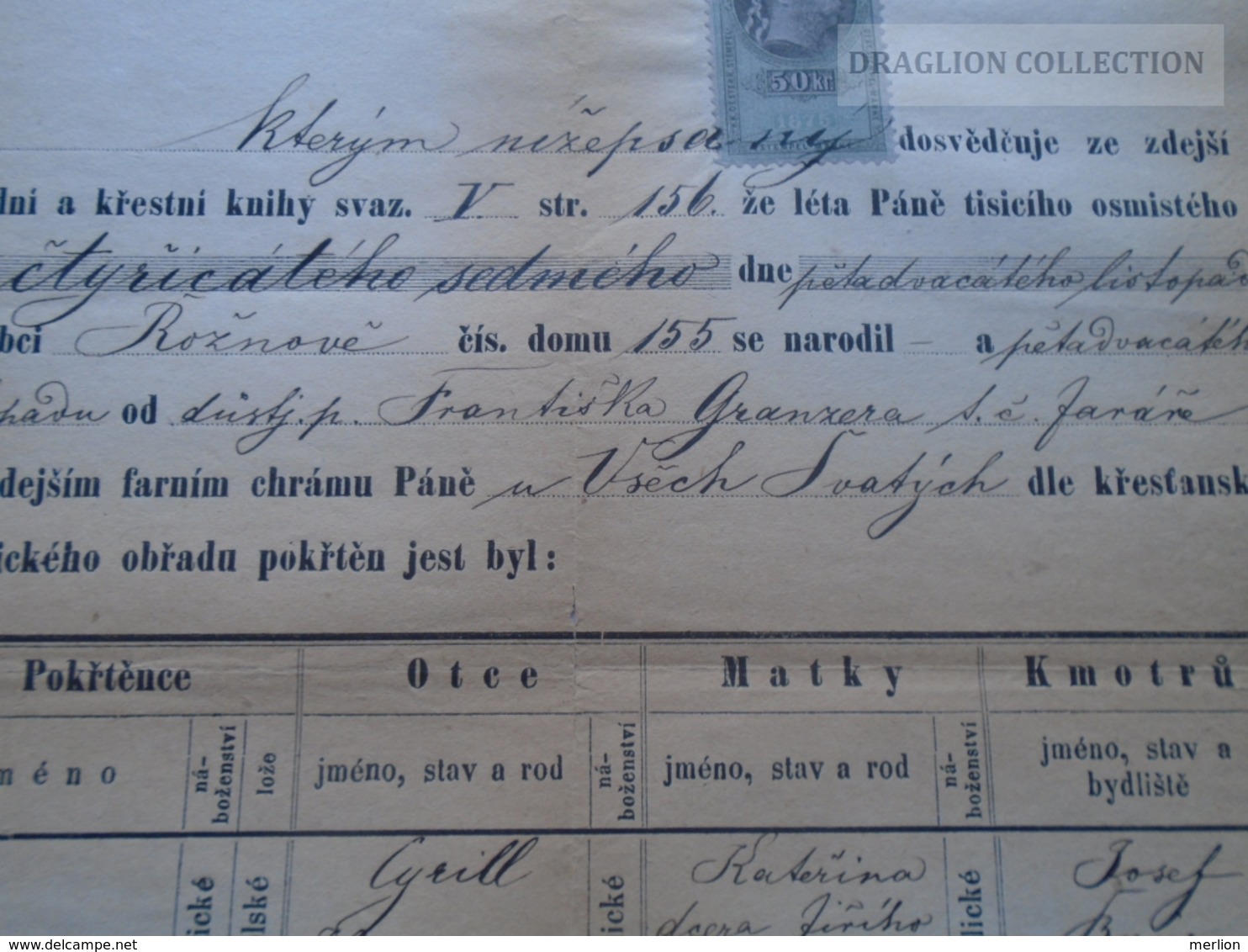 ZA185.7  Old Document Czechia - Olomuc -ROZNOV  Frantisek Halamicek 1875 - Birth & Baptism