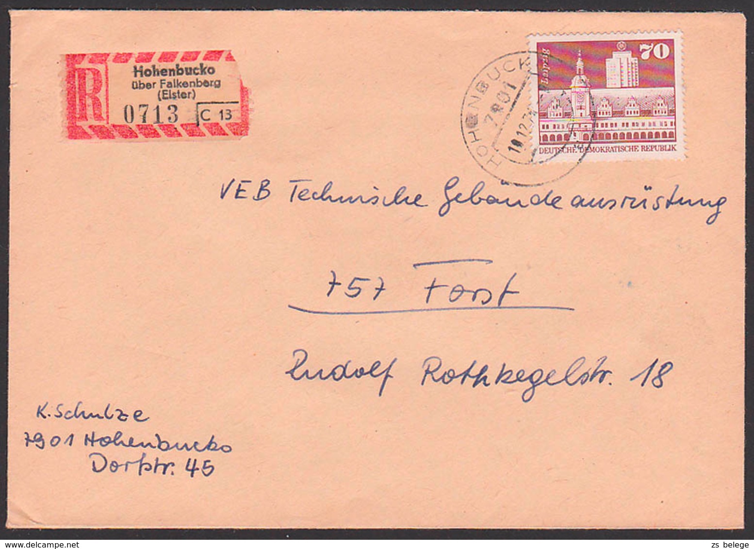 Leipzig Rathaus Germany 70 Pf. R-Brief Aus Hohenbucko üb. Falkenberg (Elster) Nach Forst, DDR 1881 - Other & Unclassified