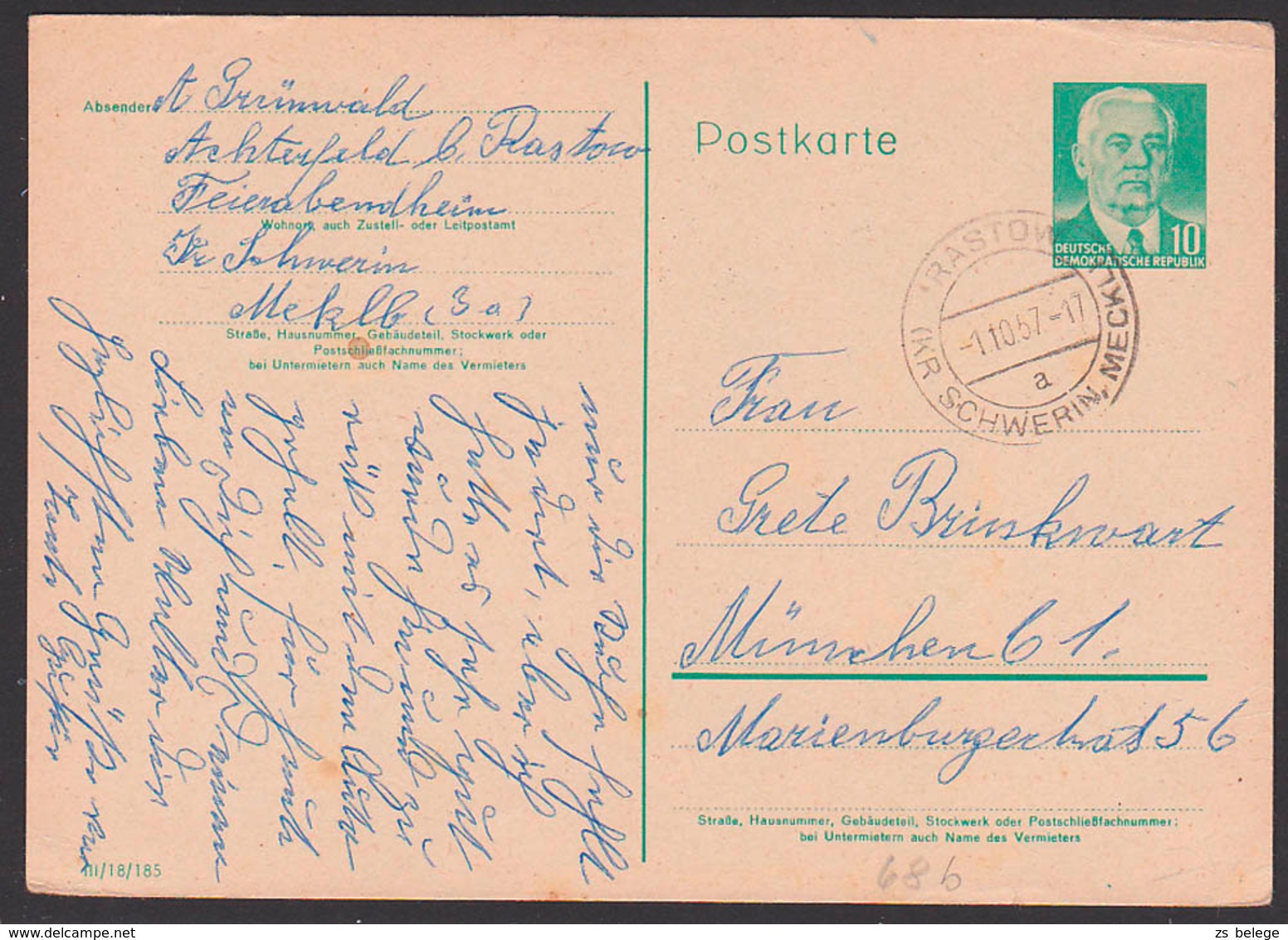 DDR Rastow Kr. Schwerin Mecklenburg 1.10.57 Auf Ganzsache 10 Pf. Wilhem Pieck P68b - Andere & Zonder Classificatie