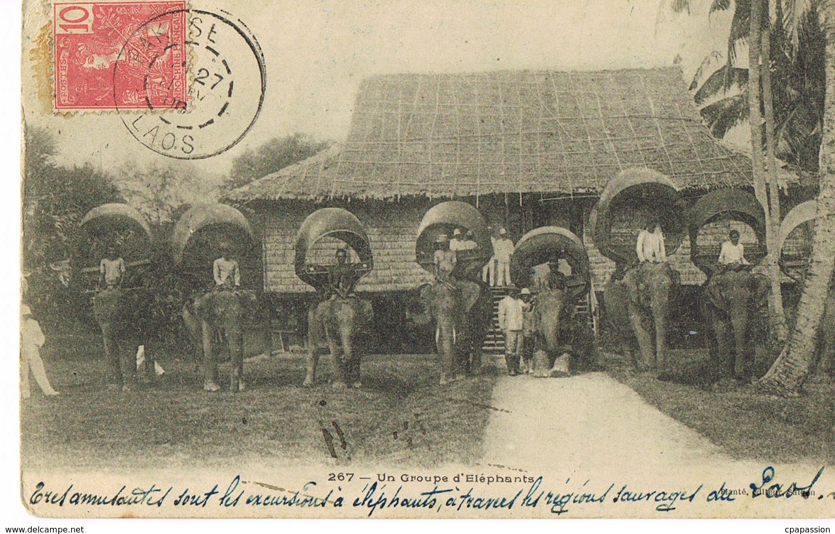 Laos-Un Groupe D'Eléphants  L-écrite 1906 Par Chef Du Bureau Militaire Garde Indigène-Recto Verso-Paypal Sans Frais - Laos