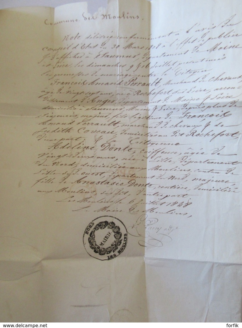 Lettre Les Moulins Vers Saumur - Cachet Rouge Lille + PP Rouge + Mairie Des Moulins + Chiffre-Taxe Manuscrit - 1848 - 1801-1848: Precursors XIX