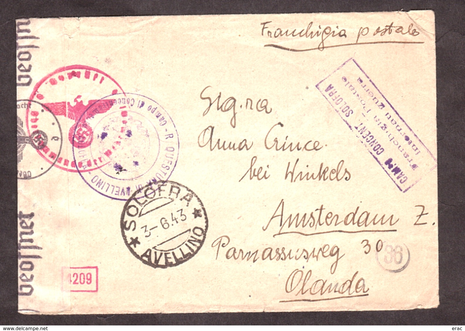 Enveloppe 1943 - Camp De Concentration De Solofra - Solofra Pour Amsterdam - Vérifié Par La Censure - Peu Courant - WW2