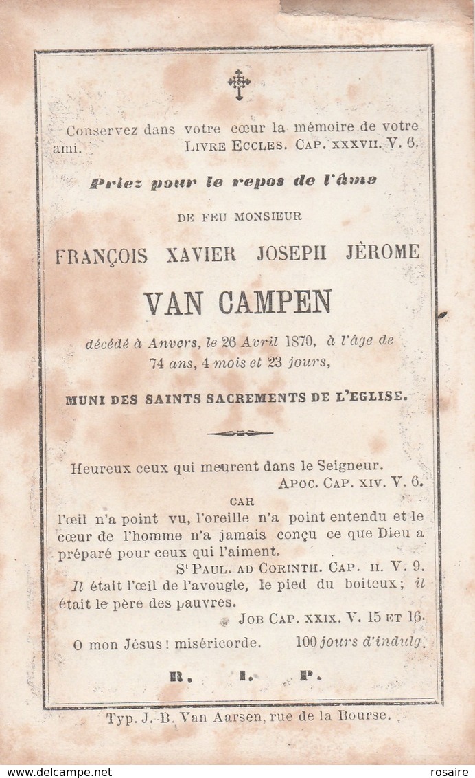 Francois Xavier Joseph Jerome Van Campen-anvers 1870 - Images Religieuses