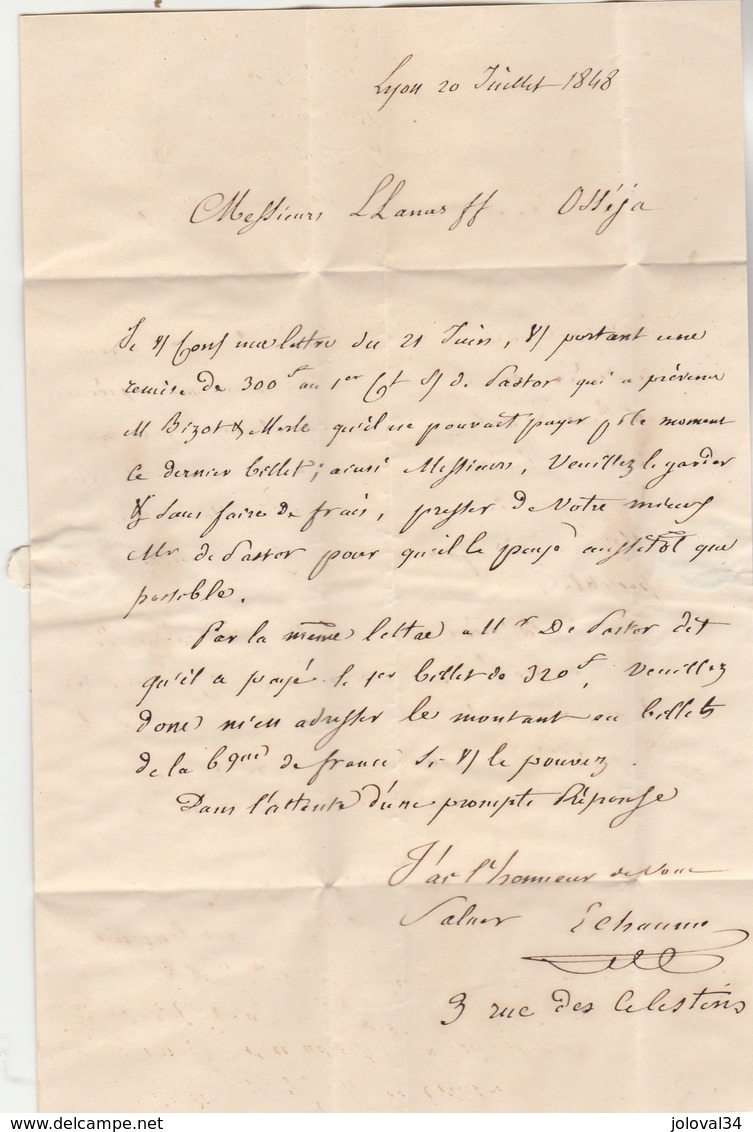 Lettre LYON Rhône Cachet Essai Hexagonal 21/7/1848 PP Port Payé à Osséja Pyrénées Orientales Passe Bourg Madame - 1801-1848: Précurseurs XIX