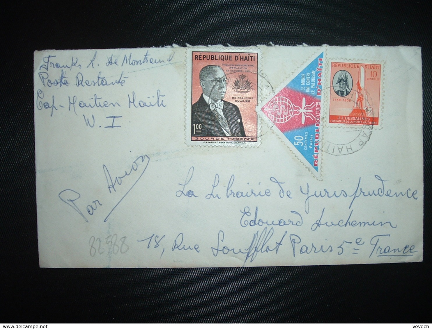 LETTRE Par Avion Pour FRANCE TP FRANCOIS DUVALIER 1,00 + CONTRE LE PALUDISME 50c + DESSALINES 10c OBL. CAP HAITIEN - Haïti