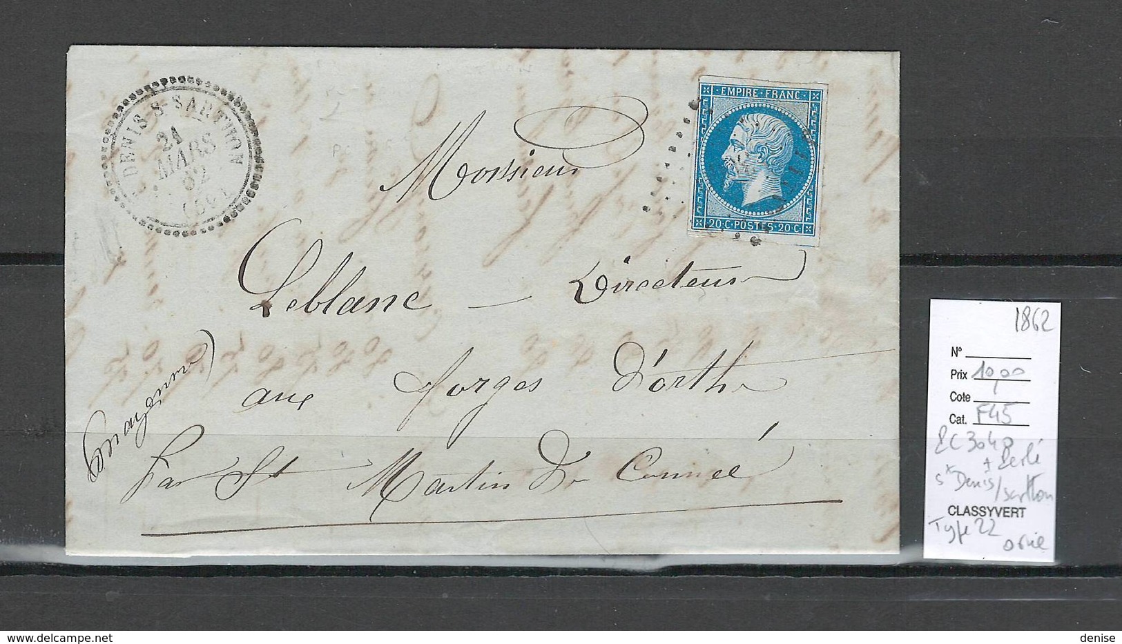 France - Lettre Avec Cachet De Saint Denis Sur Sarthon - Orne - 1862 - PC 3040 + Type 22 Perlé - 1849-1876: Période Classique