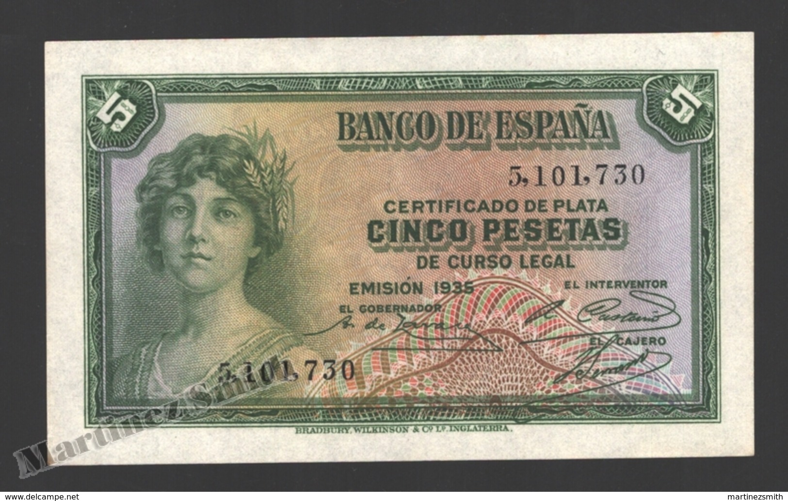 Banknote Spain -  5 Pesetas – Year 1935 – Women At Left - Condition VF - Pick 85a - 5 Pesetas