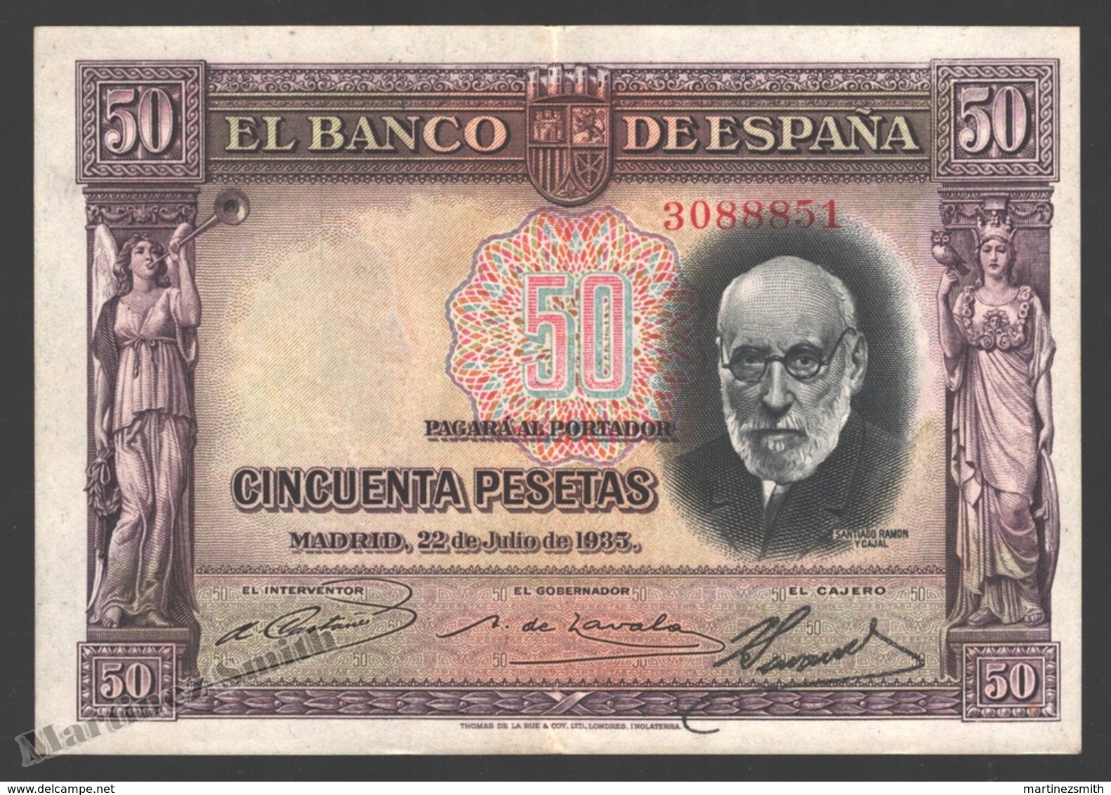 Banknote Spain -  50 Pesetas – July 1935 – Doctor Santiago Ramon Y Cajal - Condition VF - Pick 88 - 25 Pesetas