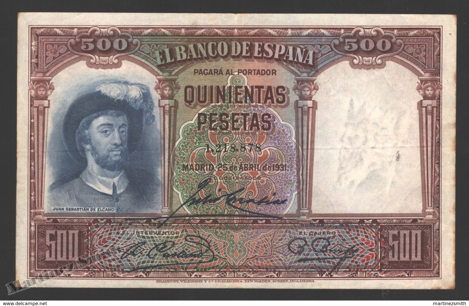 Banknote Spain -  500 Pesetas – April 1931 – Juan Sebastian El Cano, Navigator - Condition FF - Pick 84 - 500 Pesetas