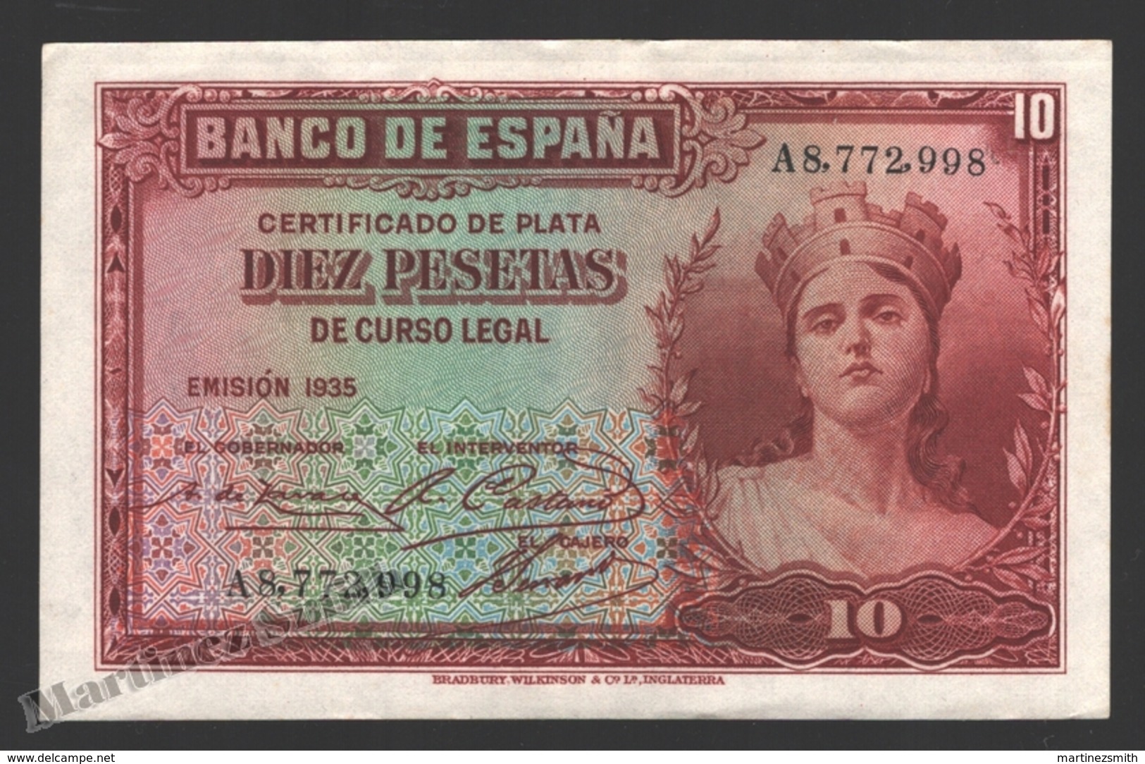 Banknote Spain -  10 Pesetas – Year 1935 – Women At Right - Condition VF - Pick 86a Letter A - 5 Pesetas