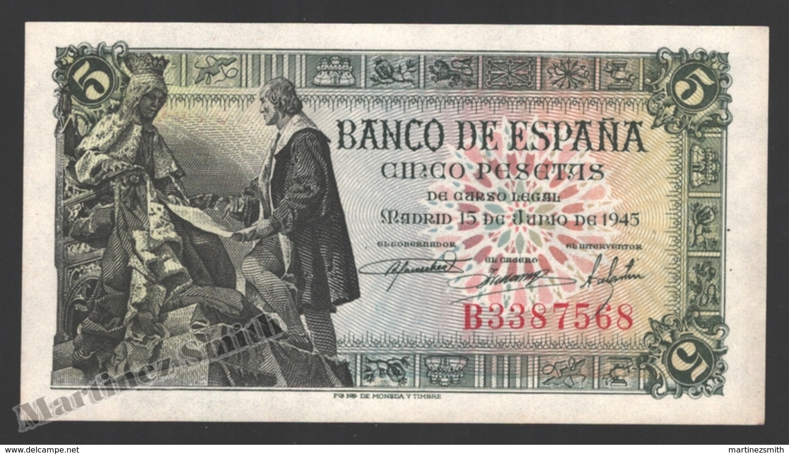 Banknote Spain -  5 Pesetas – June 1945 – Queen Isabel La Católica & Columbus - Condition XF - Pick 129a - 5 Pesetas