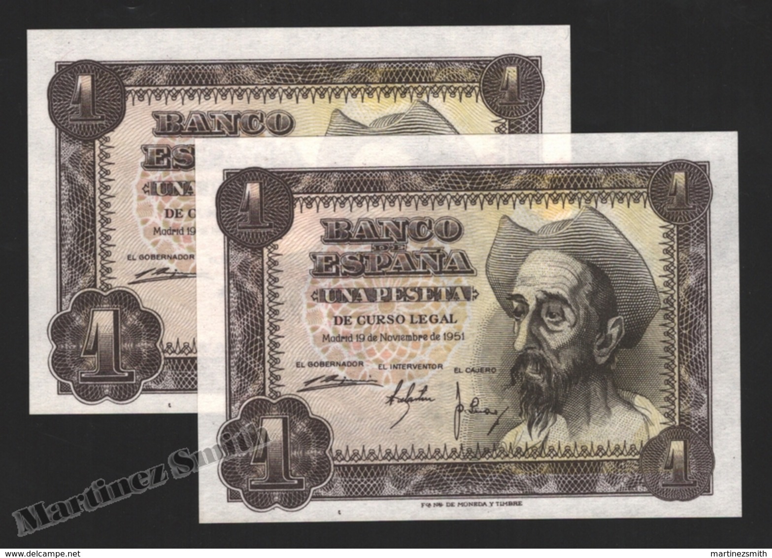 Banknote Spain -  1 Peseta – November 1951 – Don Quijote – Correlative Pair - Condition UNC - Pick 139a - 5 Pesetas