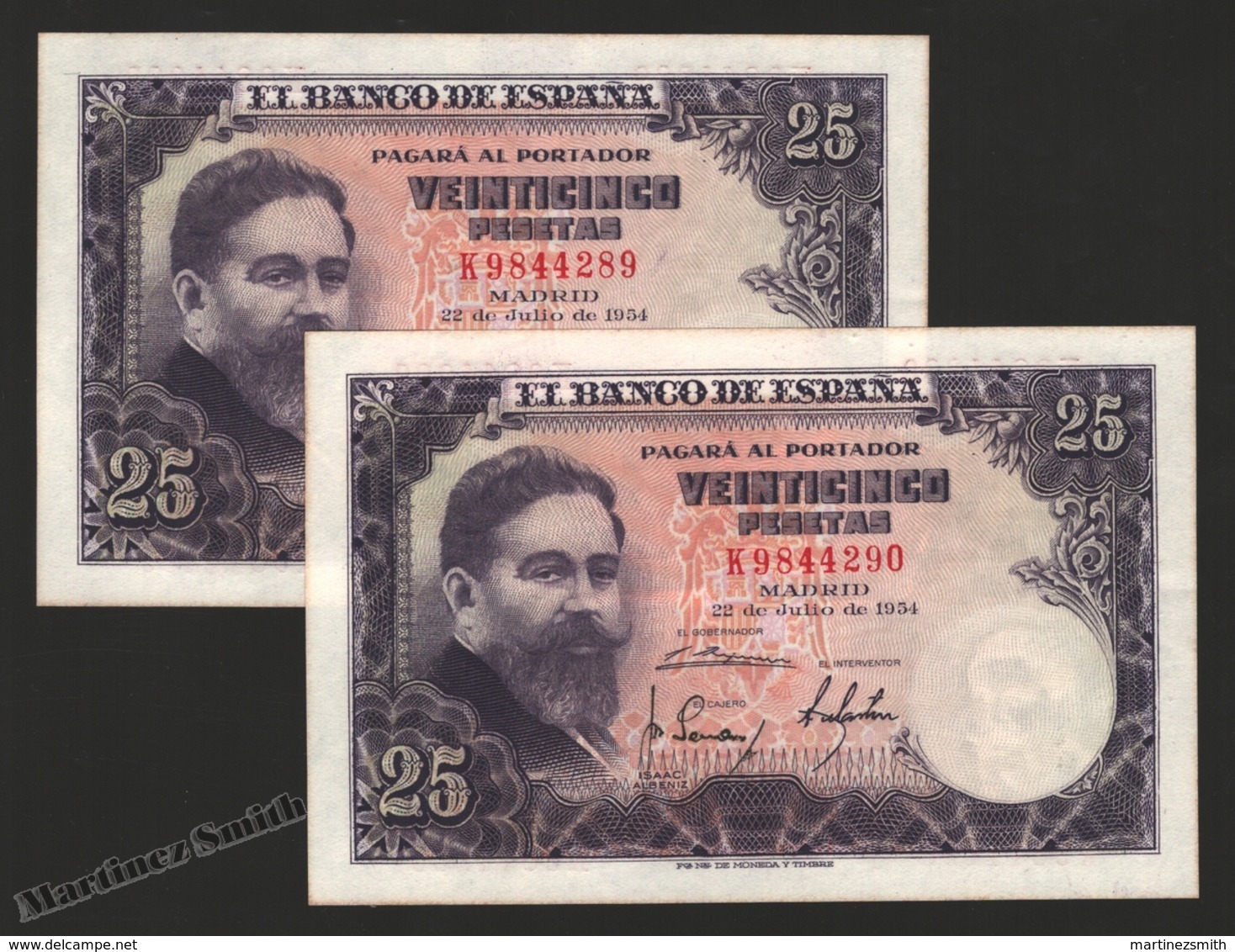 Banknote Spain -  25 Pesetas – July 1954 – Isaac Albeñiz, Music Composer - Condition VF – Correlative Pair - Pick 147a - 25 Peseten