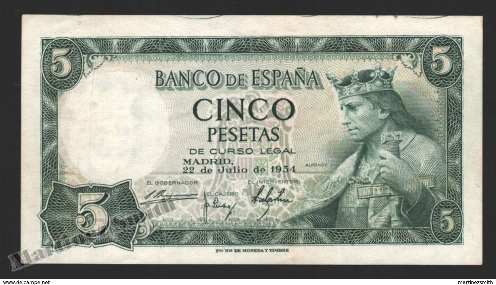 Banknote Spain -  5 Pesetas – July 1954 – King Alfonso X - Condition VF - Pick 146 - 5 Peseten