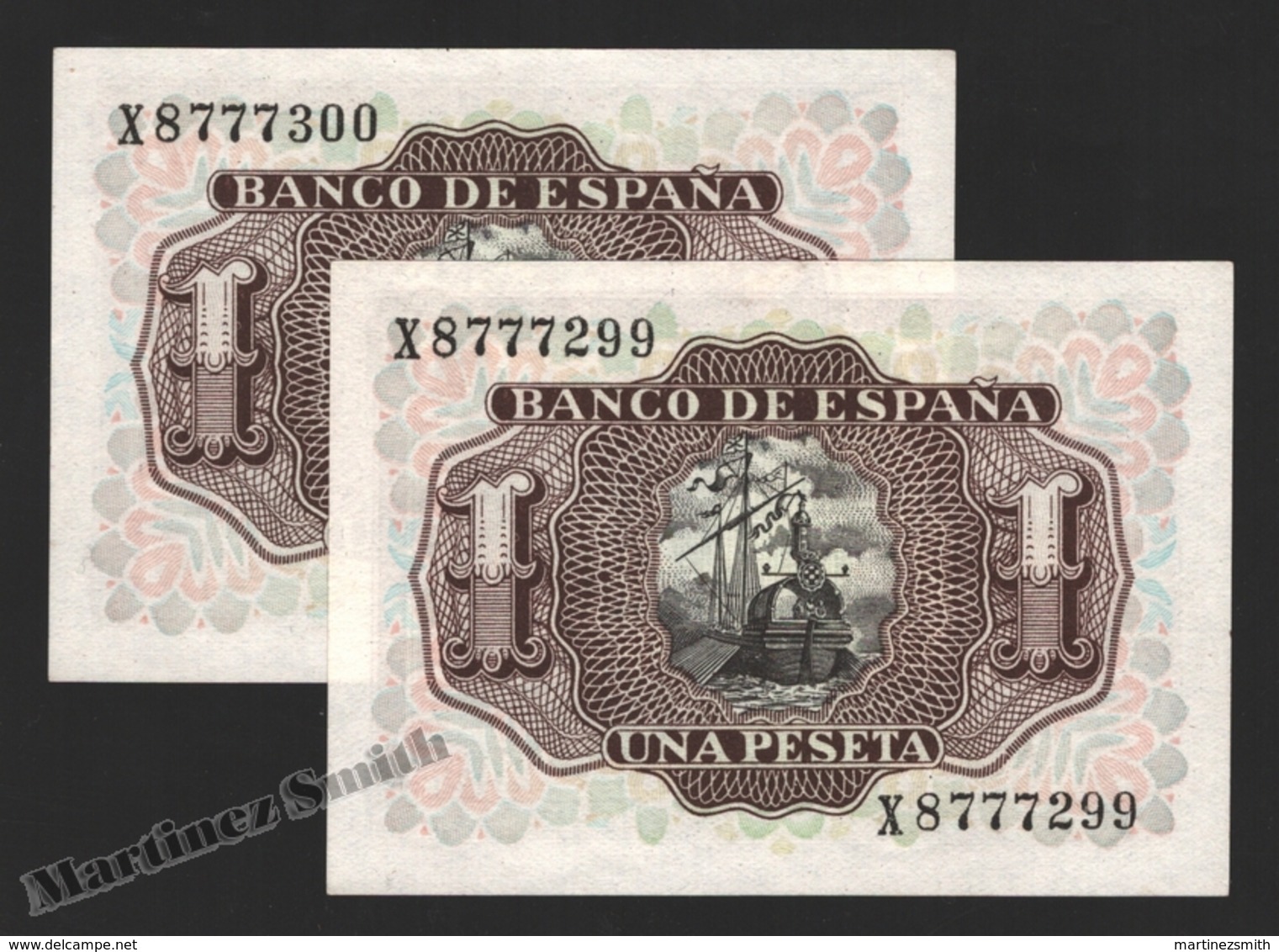 Banknote Spain -  1 Peseta – July 1953 – Marques De Santa Cruz - Condition VF – Correlative Pair - Pick 144a - 1-2 Pesetas