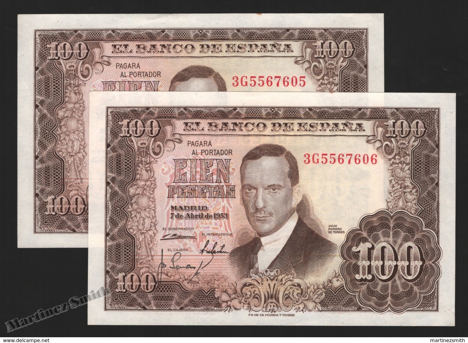 Banknote Spain -  100 Pesetas – April 1953 – Julio Romero De Torres – Correlative Pair – Condition VF – Pick 145a - 100 Pesetas