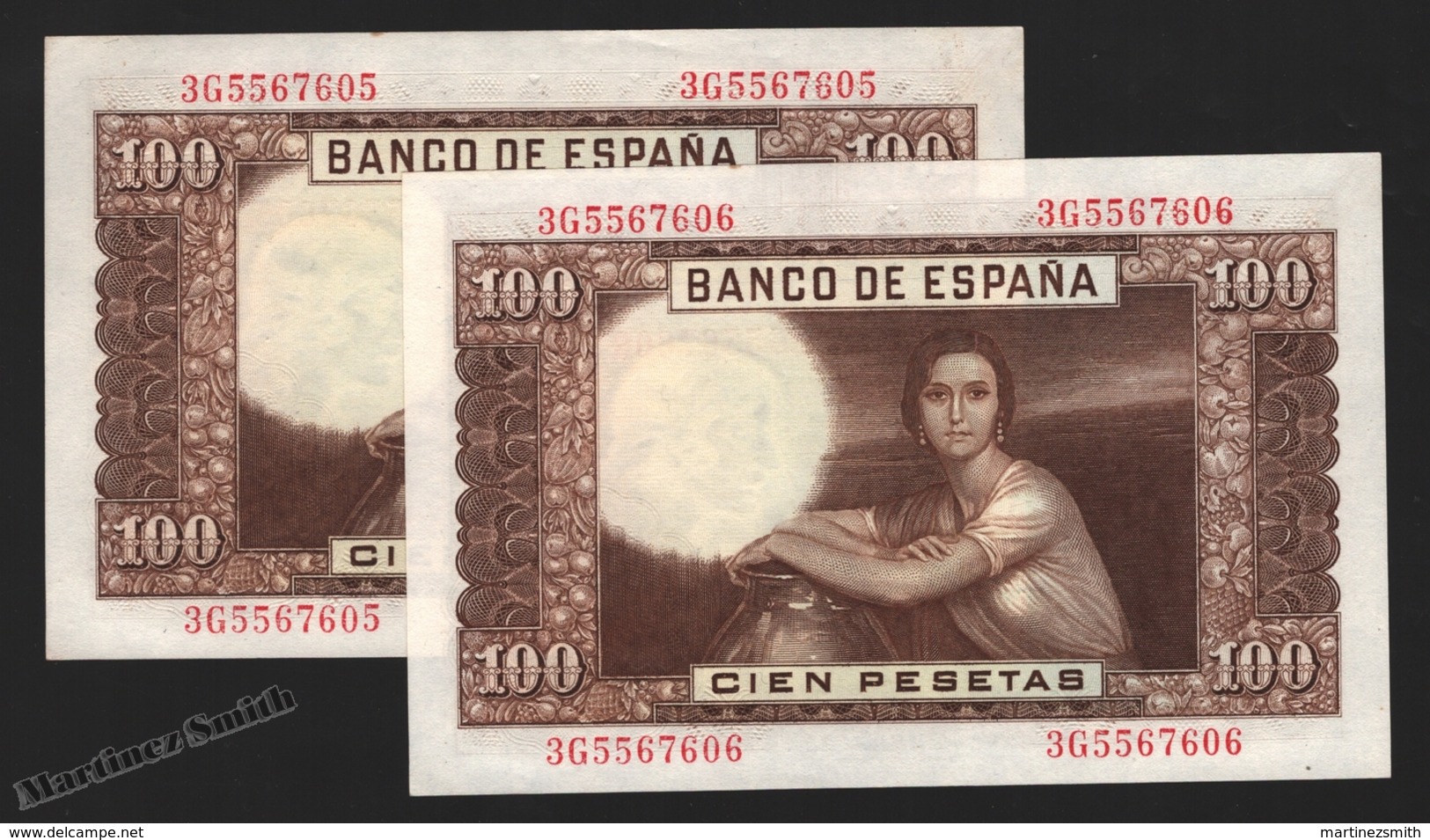 Banknote Spain -  100 Pesetas – April 1953 – Julio Romero De Torres – Correlative Pair – Condition VF – Pick 145a - 100 Pesetas