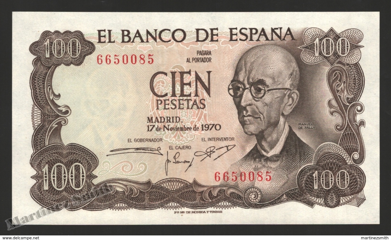 Banknote Spain -  100 Pesetas – Novmeber 1970 – Manuel De Falla, Music Composer - Condition UNC - Pick 152a - 100 Pesetas