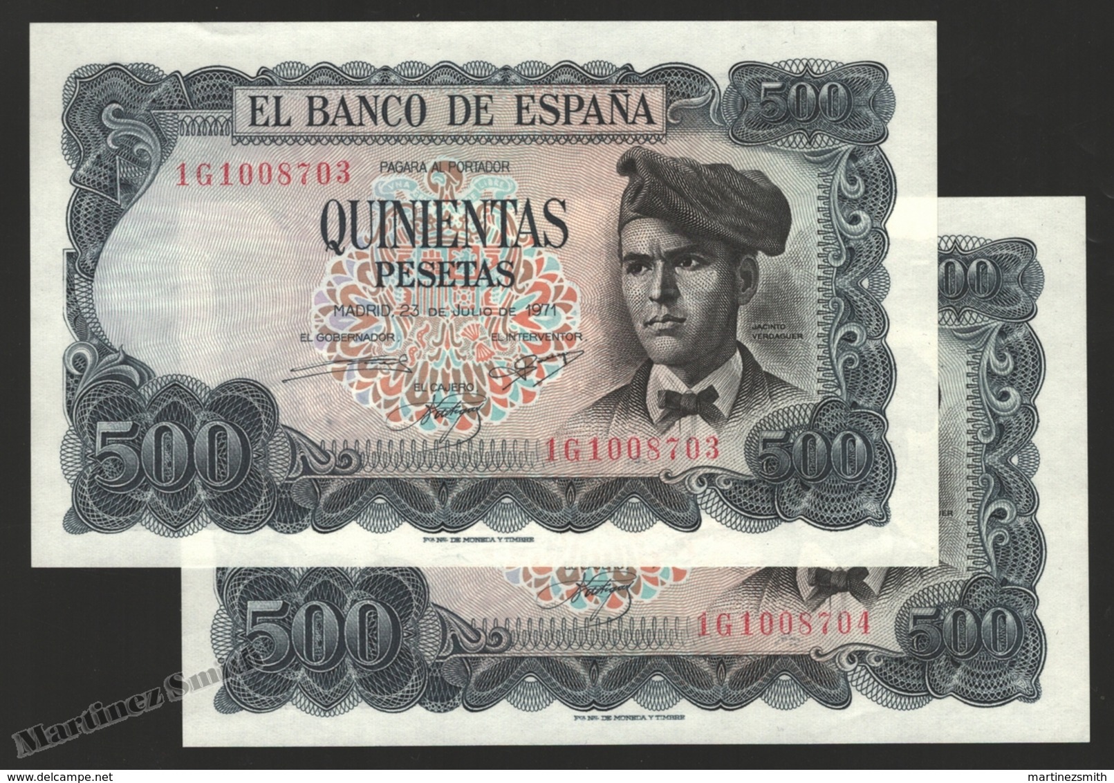 Banknote Spain -  500 Pesetas – July 1971 – Jacinto Verdaguer - Condition UNC – Correlative Pair - Pick 153a - 500 Peseten