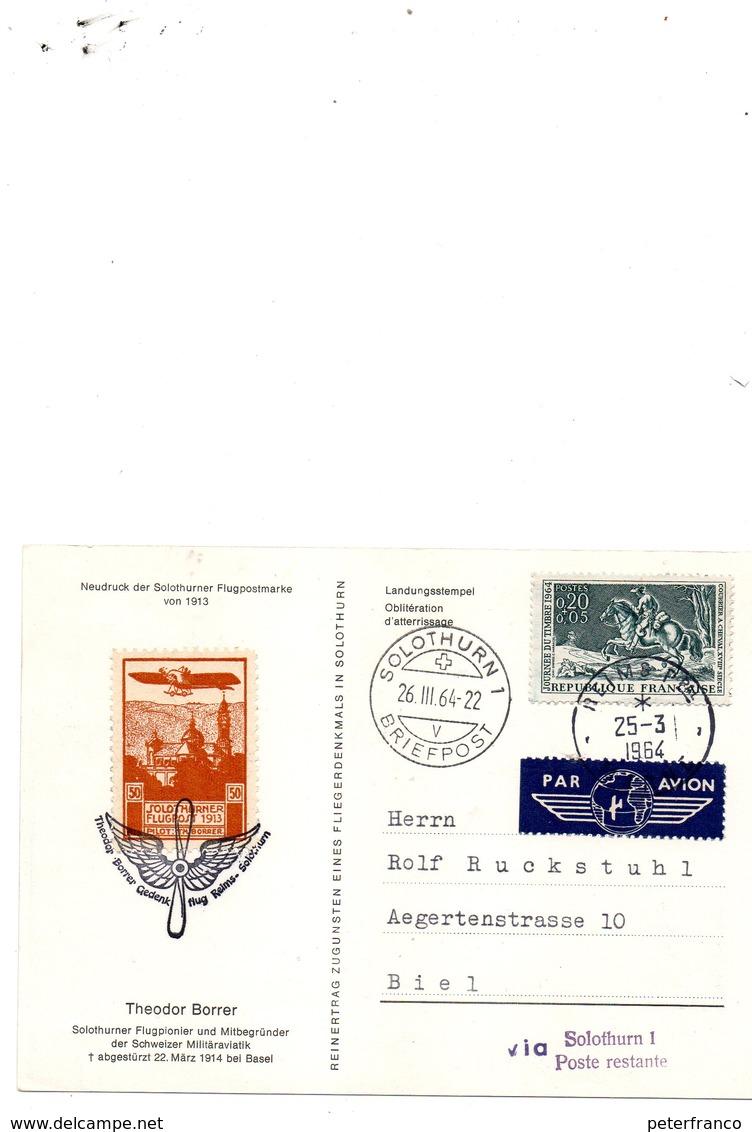 1964 Francia - Volo Reims - Solothurn Di Theodor Borrer Pioniere Dell'aviazione - Avions