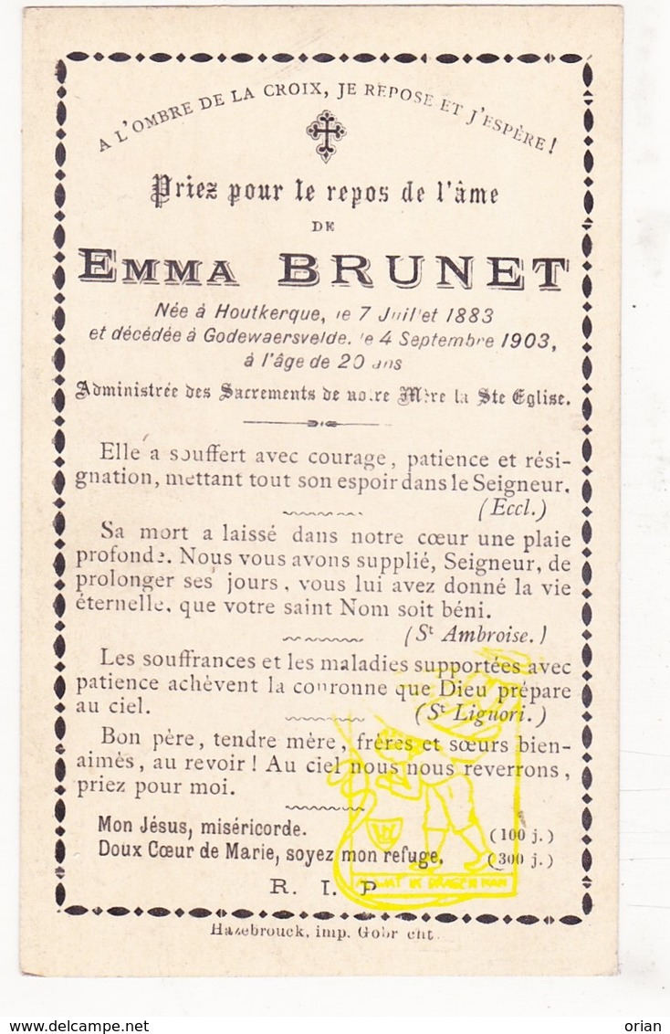 DP Im. Mort. FR Nord - Emma Brunet * 20j. * ° Houtkerque 1883 † Godewaersvelde 1903 - Devotion Images