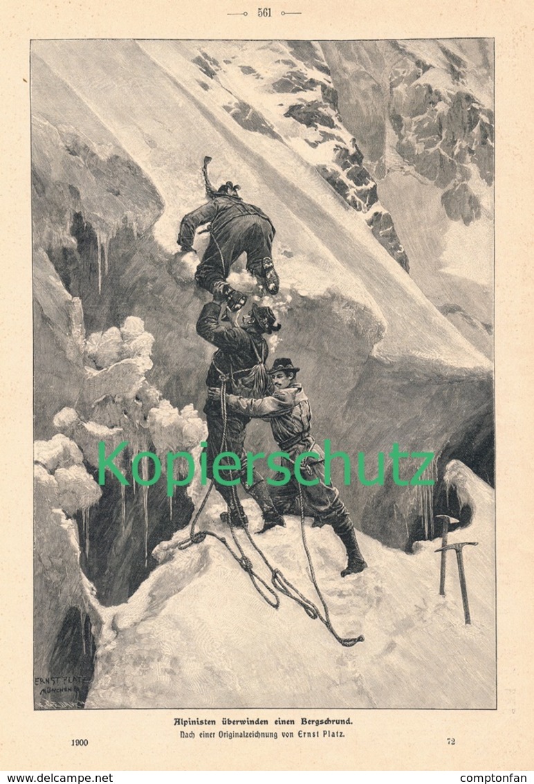 164 Ernst Platz Alpinisten überwinden Bergschrund  Ca. 21 X 28 Cm 1900 !! - Stiche & Gravuren