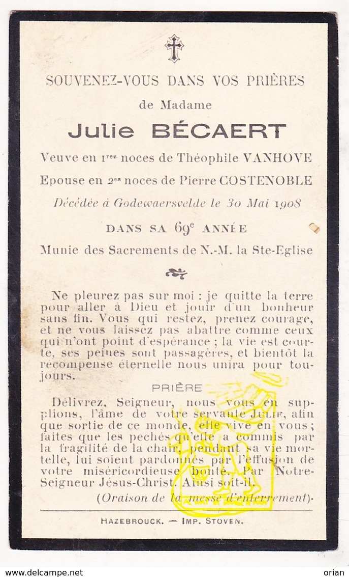 DP Im. Mort. - Julie Bécaert ° 1839 † Godewaersvelde FR Nord 1908 X T. Vanhove Xx P. Costenoble - Images Religieuses