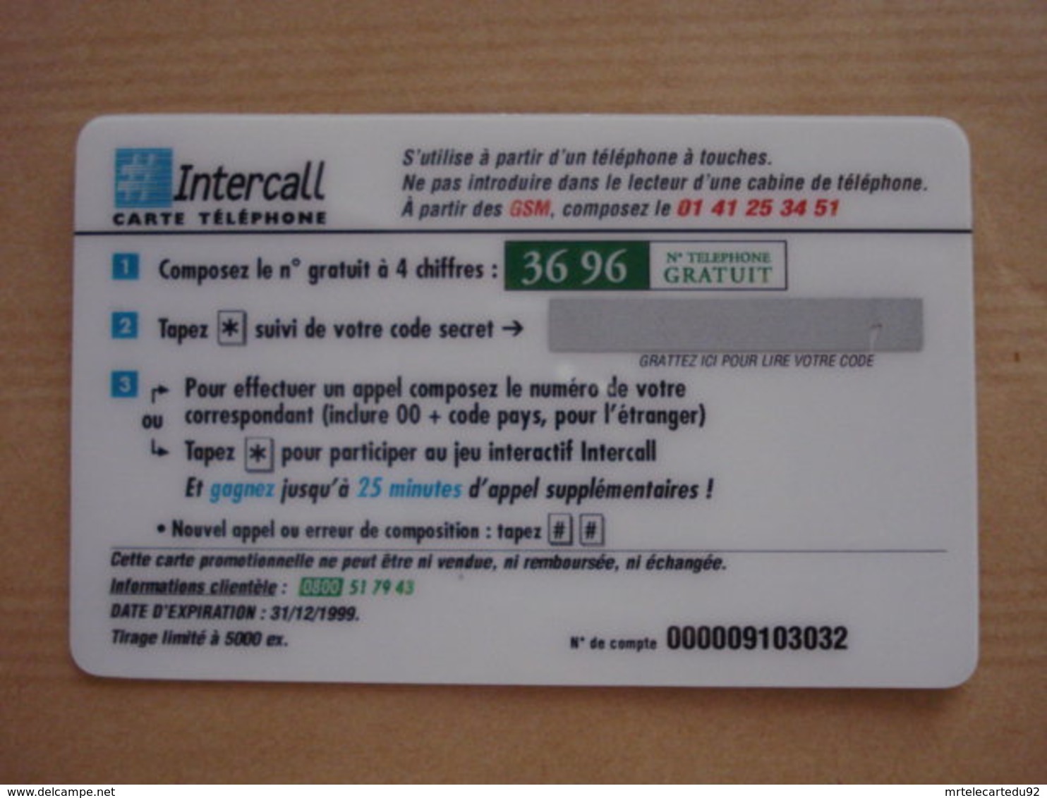 Carte Prépayée Française "INTERCALL" (neuve Non Gratter). - Mobicartes (recharges)