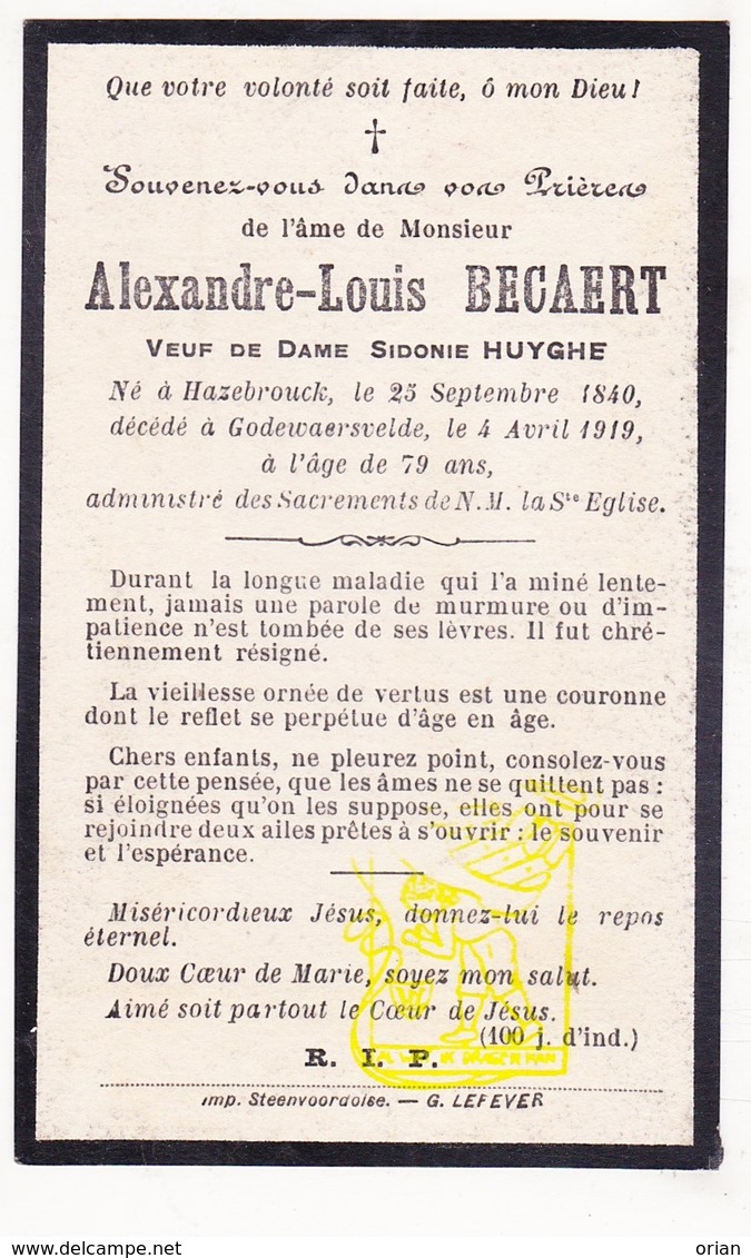 DP Im. Mort. FR Nord - Alexandre L. Becaert ° Hazebrouck 1840 † Godewaersvelde 1919 X Sidonie Huyghe - Devotieprenten