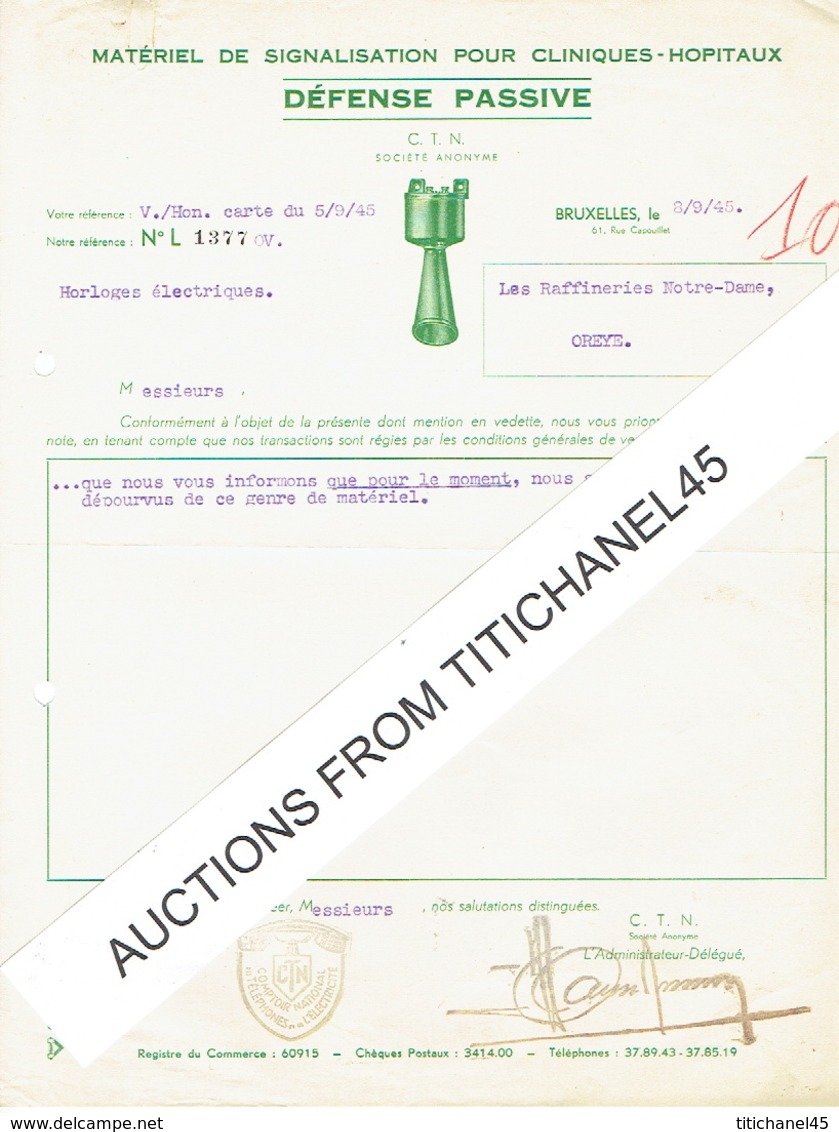 BRUXELLES -  Lettre De 1945 - C.T.N. - DEFENSE PASSIVE - Matériel De Signalisation Pour Cliniques-hopitaux - Autres & Non Classés