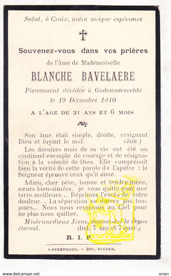 DP Im. Mort. - Blanche Bavelaere * 20j. * ° 1889 † Godewaersvelde FR Nord 1910 - Images Religieuses