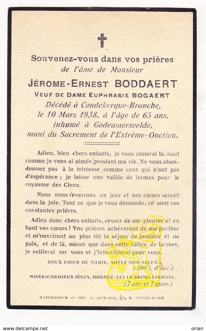 DP Im. Mort. FR Nord - Jérome E. Boddaert ° 1873 † Coudekerque-Branche 1938 X Euphr. Bogaert / Inh. Godewaersvelde - Images Religieuses