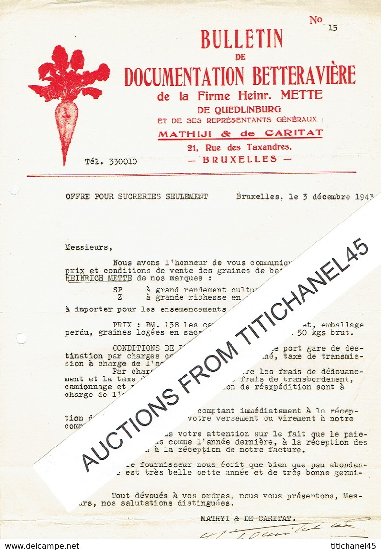 BRUXELLES -Lettre 1943 - MATHIJI & De CARITAT Représentants De La Firme Heinr. METTE à QUEDLINBURG - Graines Betteraves - Autres & Non Classés