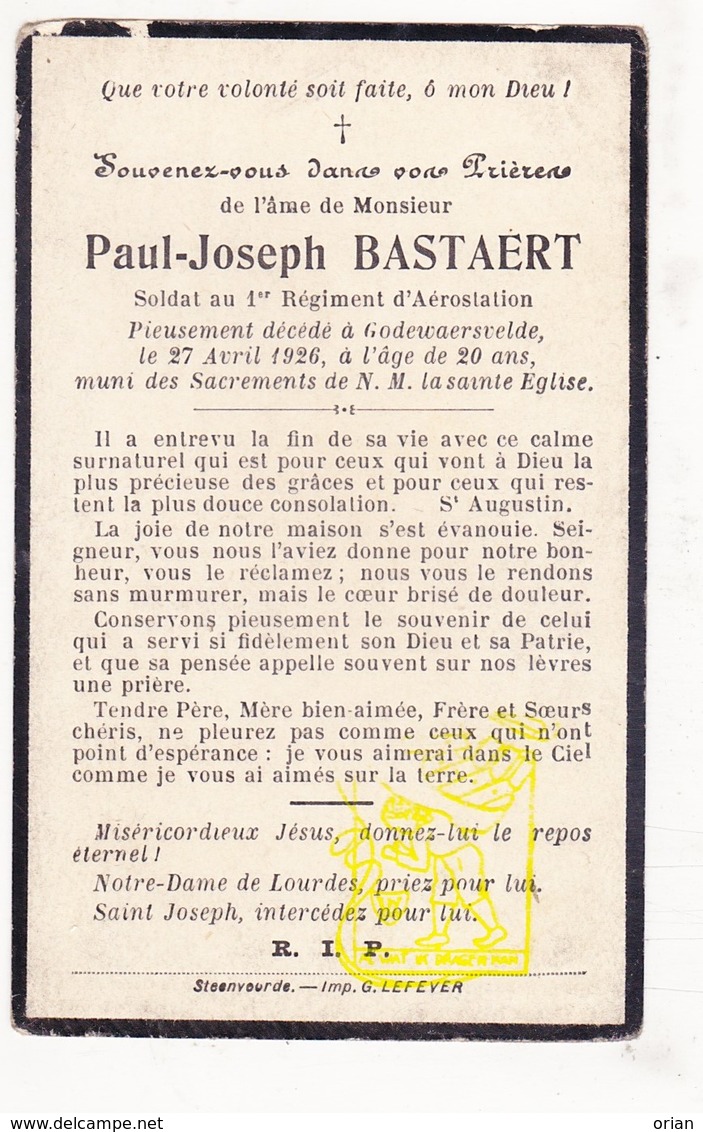 DP Im. Mort. FR Nord - Soldat 1e Reg. Aérostation - Paul J. Bastaert ° 1906 † Godewaersvelde 1926 - Images Religieuses